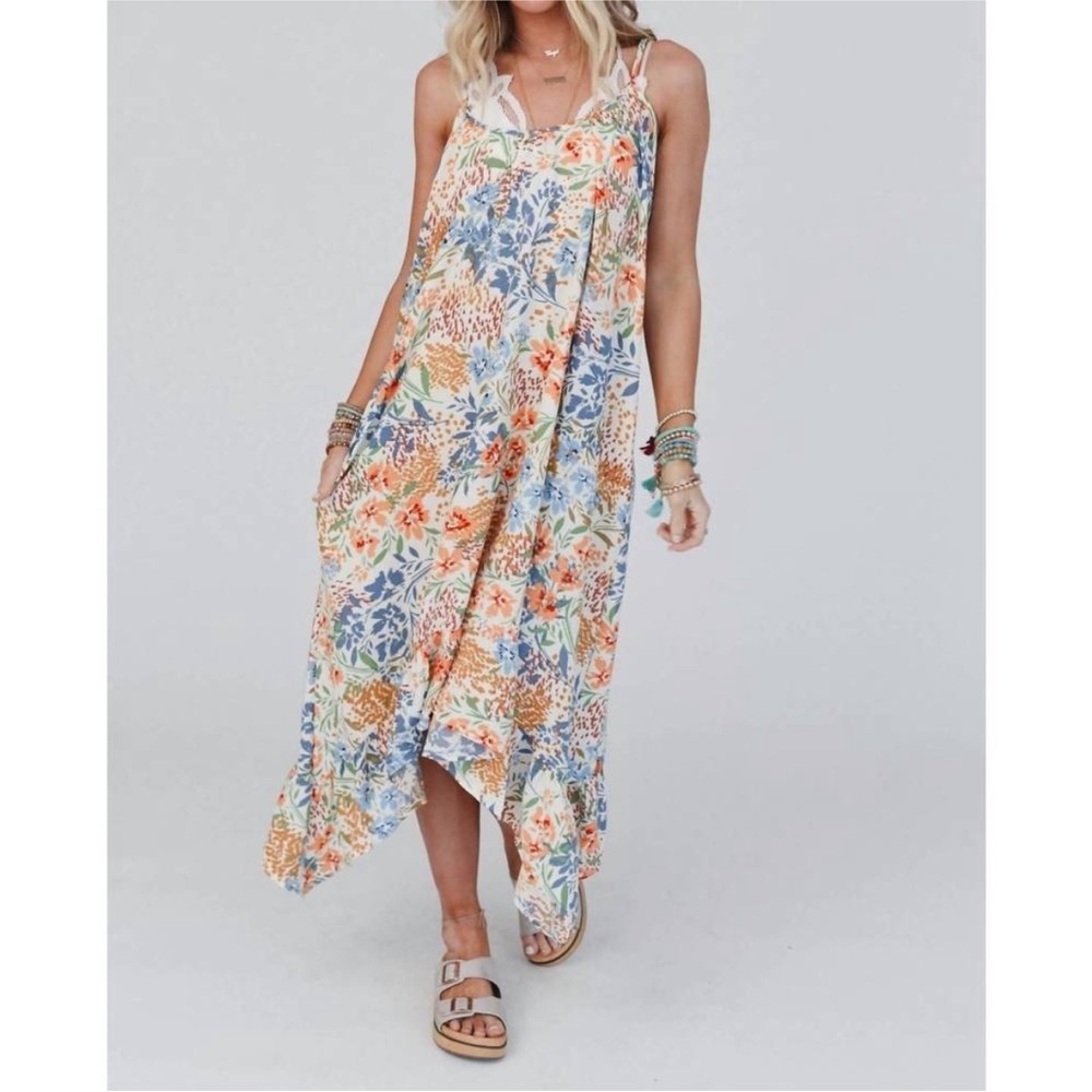 Three Bird Nest Ellie Ruffle Midi Dress Floral Print Large Pockets NWT